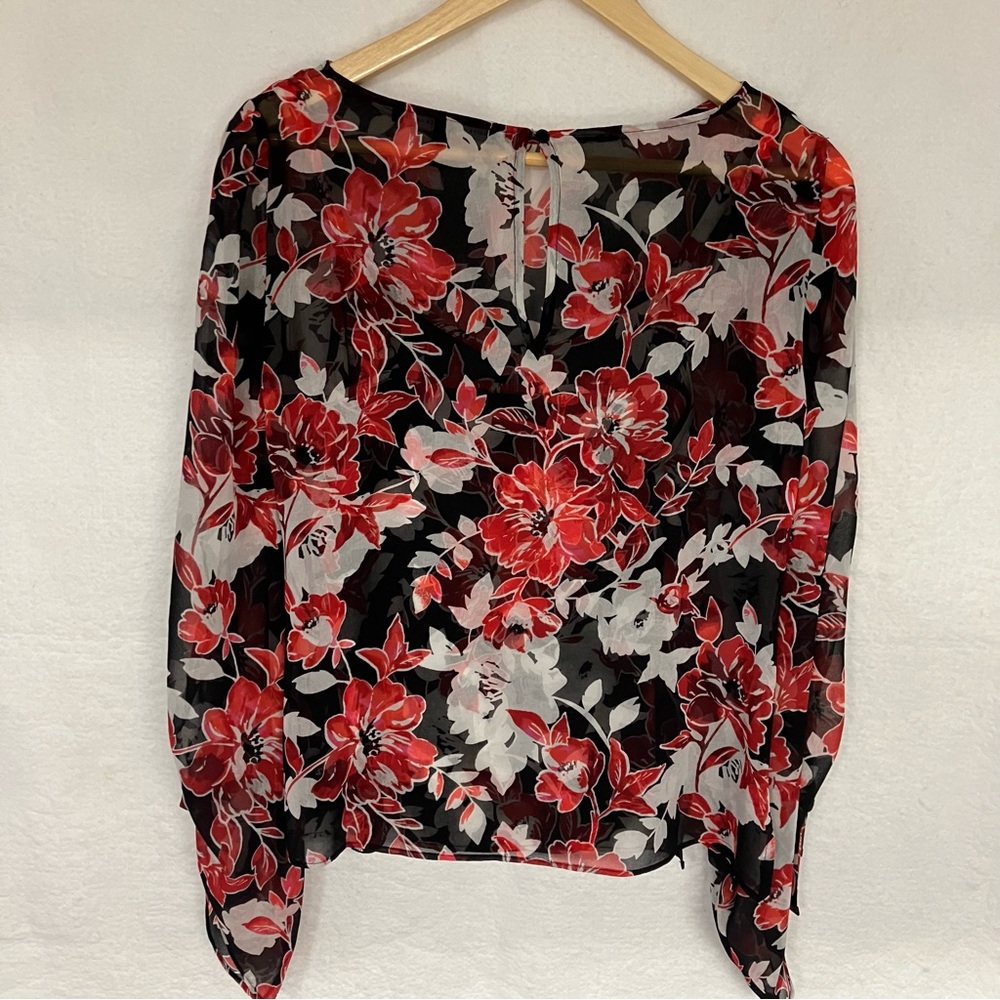 Flirty Black, Red, White Floral Cami with Sheer Overlay, Party, Vacation - 2 - Picture 3 of 5